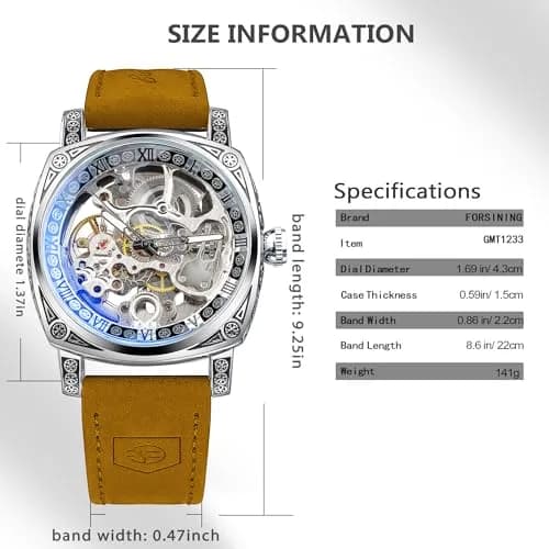 FORSINING Square Retro Mechanical Watch Self-Wind Leather Strap | Skeleton Automatic (42mm) thumbnail 6