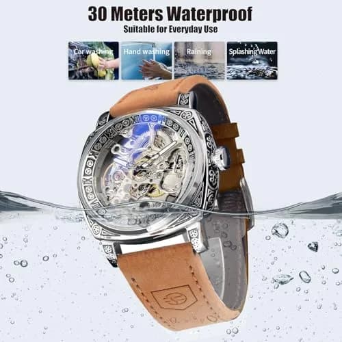 FORSINING Square Retro Mechanical Watch Self-Wind Leather Strap | Skeleton Automatic (42mm) thumbnail 7