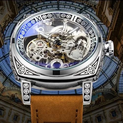 FORSINING Square Retro Mechanical Watch Self-Wind Leather Strap | Skeleton Automatic (42mm) thumbnail 2