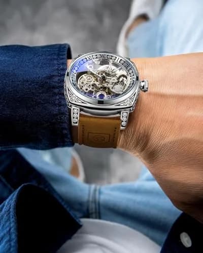 FORSINING Square Retro Mechanical Watch Self-Wind Leather Strap | Skeleton Automatic (42mm) thumbnail 3