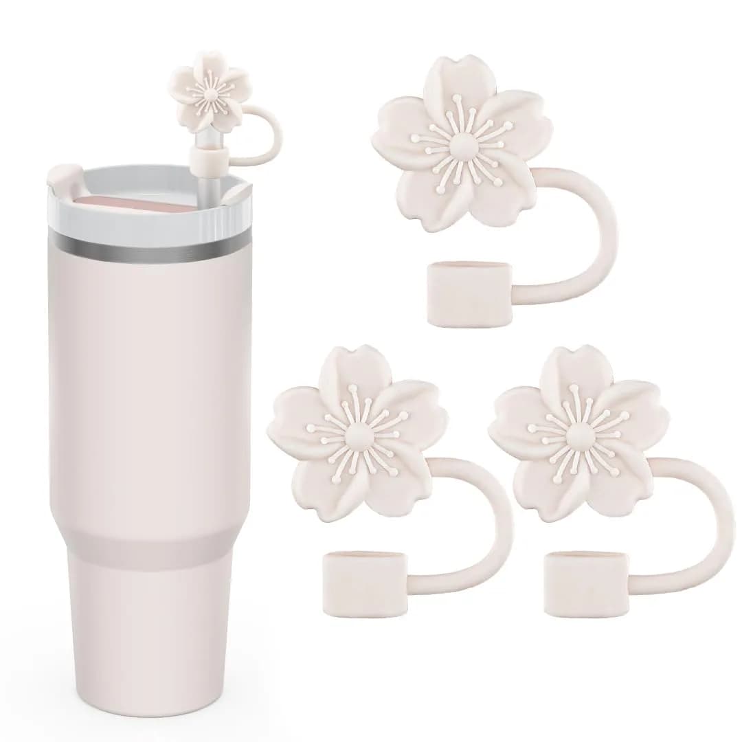 Oiurydntw Flower Straw Covers for Stanley Cup Tumblers, 3Pcs Silicone Straw Tips Lids, Beige | Leak-Proof & Dust-Free — Beige
