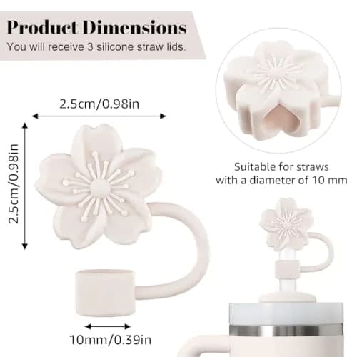 Oiurydntw Flower Straw Covers for Stanley Cup Tumblers, 3Pcs Silicone Straw Tips Lids, Beige | Leak-Proof & Dust-Free thumbnail 2
