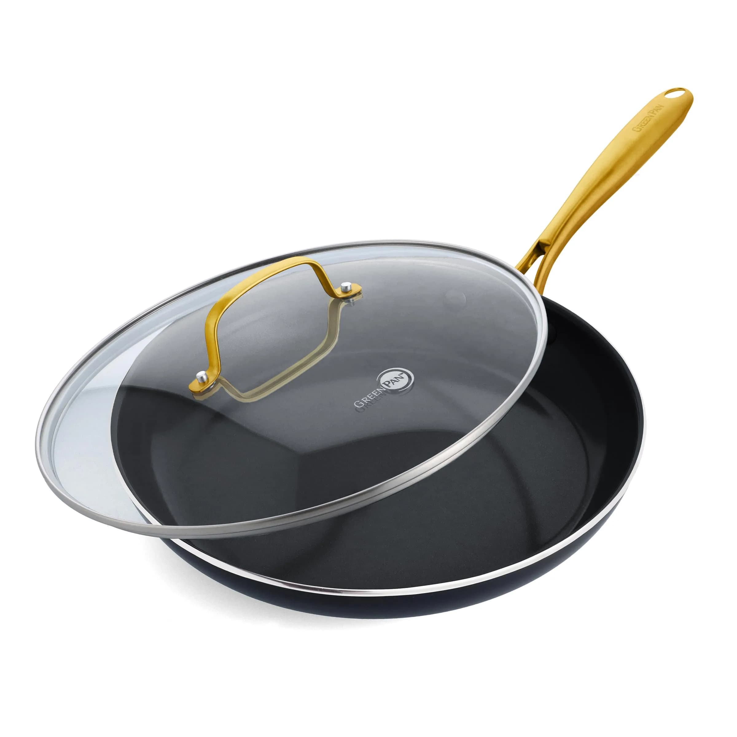 GreenPan Studio 12" Frying Pan with Glass Lid | Ceramic Nonstick, Heavy-Gauge Aluminum, Gold Handle