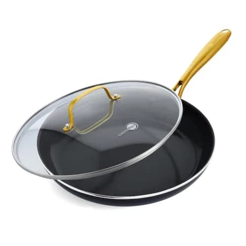 GreenPan Studio 12" Frying Pan with Glass Lid | Ceramic Nonstick, Heavy-Gauge Aluminum, Gold Handle thumbnail 1