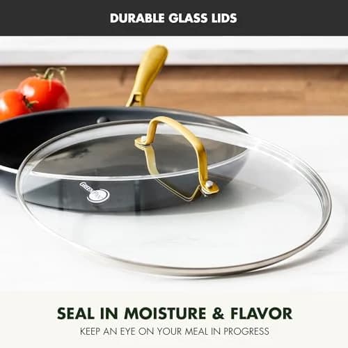 GreenPan Studio 12" Frying Pan with Glass Lid | Ceramic Nonstick, Heavy-Gauge Aluminum, Gold Handle thumbnail 2