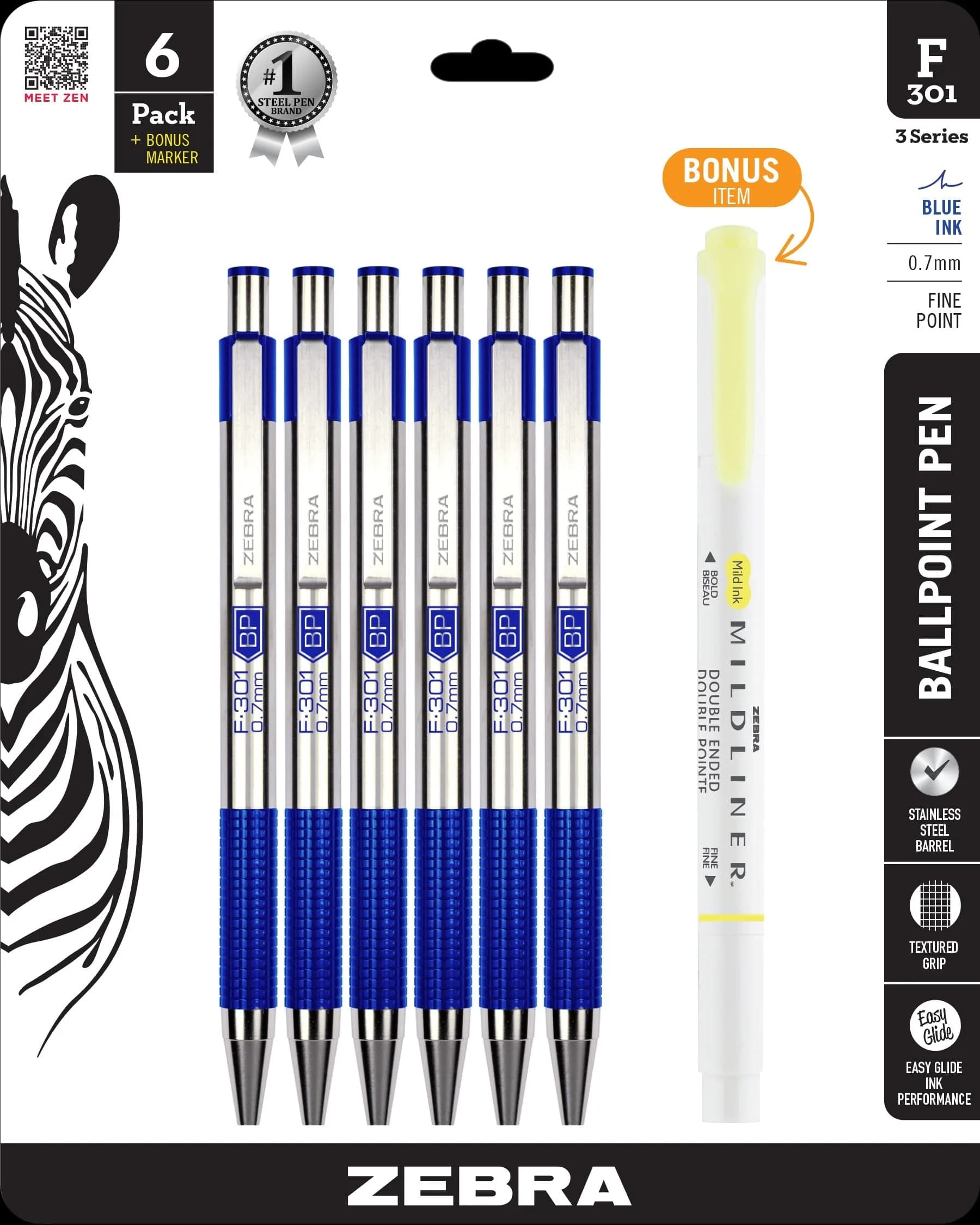 Zebra Pen F-301 Signature Series Retractable Ballpoint Pen, 0.7mm, Black Ink, Sage Earth Tone Accents with Blue C Barrel, 4-Pack - main product image