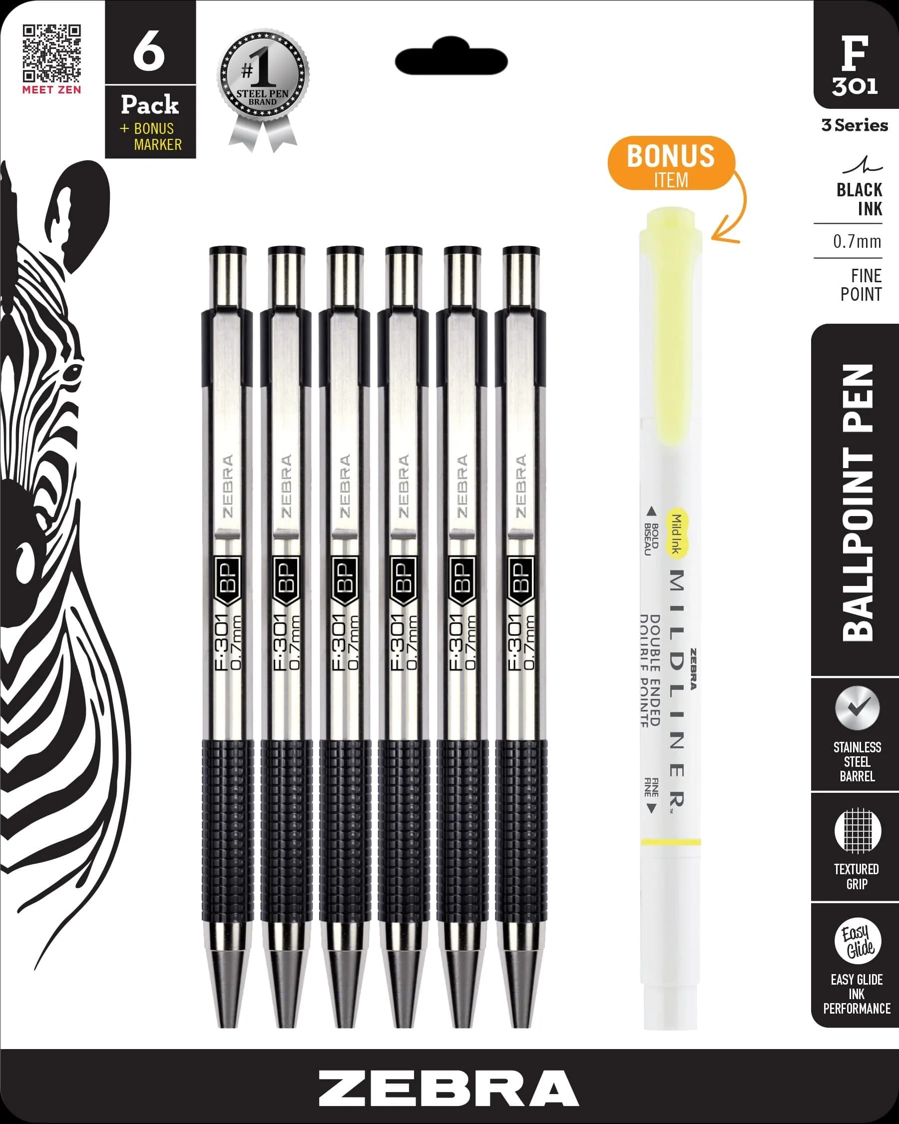 Zebra Pen STEEL F-301 Retractable Ballpoint Pen, Black Ink, 0.7mm, 6-Pack + Bonus Highlighter - main product image