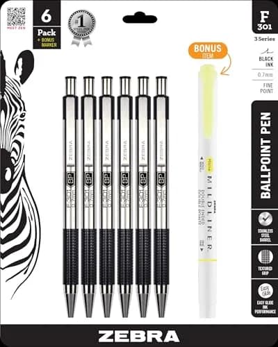 Zebra Pen STEEL F-301 Retractable Ballpoint Pen, Black Ink, 0.7mm, 6-Pack + Bonus Highlighter thumbnail 1