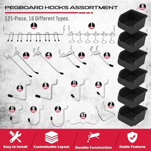 SEDY 121-Piece Pegboard Hooks Set with Bins & Utility Hangers | Black Metal Organizer for Garages & Workshops thumbnail 2