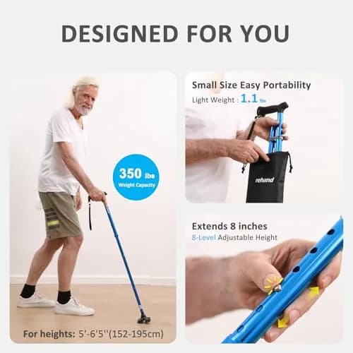 rehand Walking Cane for Men & Women - Foldable, Adjustable, Lightweight, Self Standing Pivot Cane, Soft Handle Grip, with Travel Bag (Black) thumbnail 5