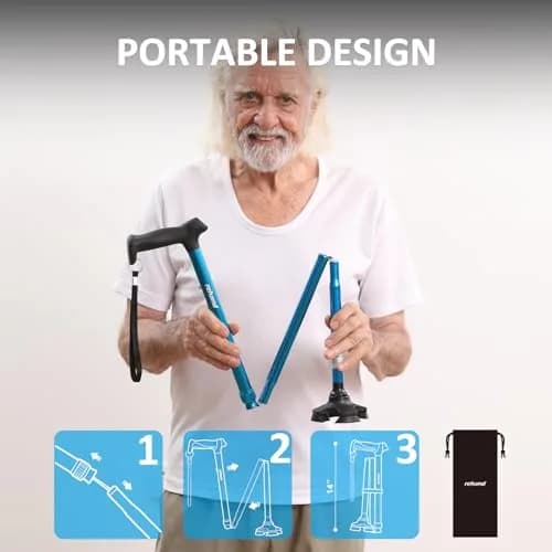 rehand Walking Cane for Men & Women - Foldable, Adjustable, Lightweight, Self Standing Pivot Cane, Soft Handle Grip, with Travel Bag (Black) thumbnail 6