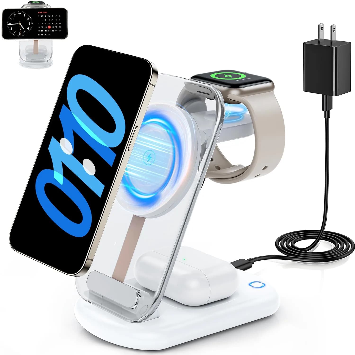 RYND Travel Wireless Fast Charging Station | 3-in-1 Magnetic Charger with Light for iPhone16/15/14/13/12, Apple Watch & AirPods (Pink) — White