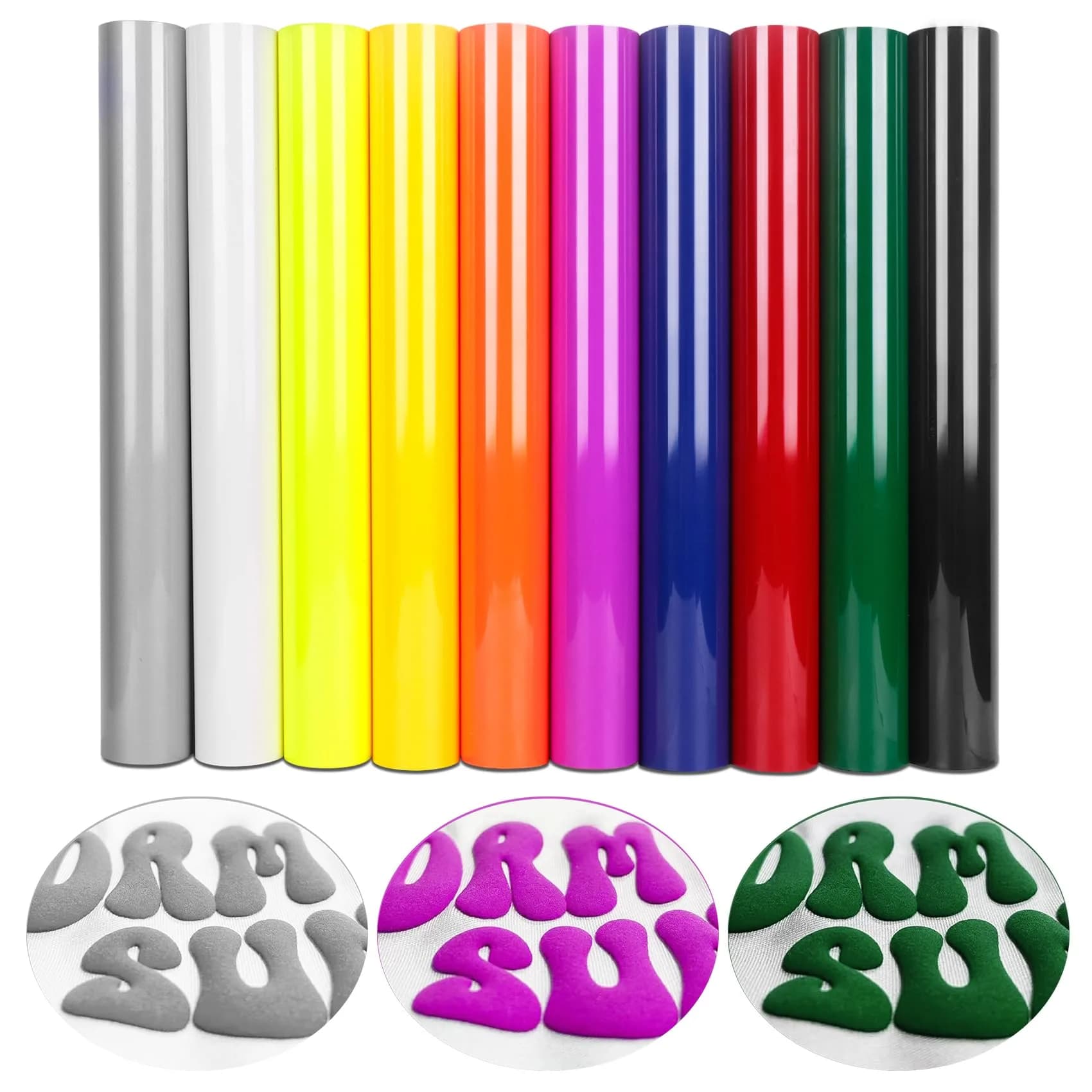 TORC 3D Puff HTV Heat Transfer Vinyl 12" x 10" (30.5cm x 25.4cm) 10-Sheet Pack | Assorted Colors for DIY Apparel — 10 Assorted Colors