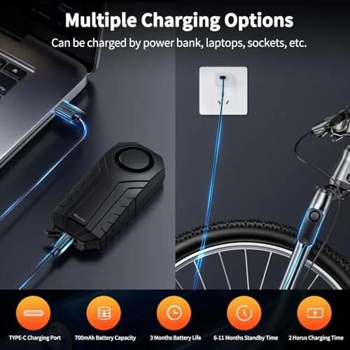 WSDCAM Wireless Bike Alarm with Remote, Rechargeable 113dB Loud Bicycle Alarm System Anti Theft, IP65 Waterproof, 1-Pack thumbnail 4
