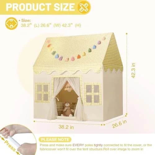 Senodeer Kids Play Tent Indoor: Yellow Checkered Collapsible Playhouse for Girls & Boys | Fun & Safe (70-120 chars) thumbnail 5