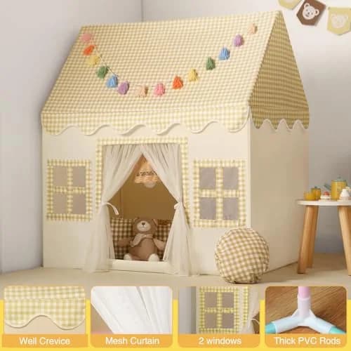 Senodeer Kids Play Tent Indoor: Yellow Checkered Collapsible Playhouse for Girls & Boys | Fun & Safe (70-120 chars) thumbnail 6