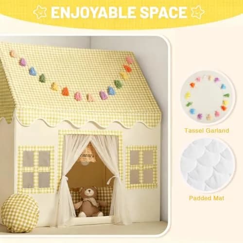 Senodeer Kids Play Tent Indoor: Yellow Checkered Collapsible Playhouse for Girls & Boys | Fun & Safe (70-120 chars) thumbnail 2