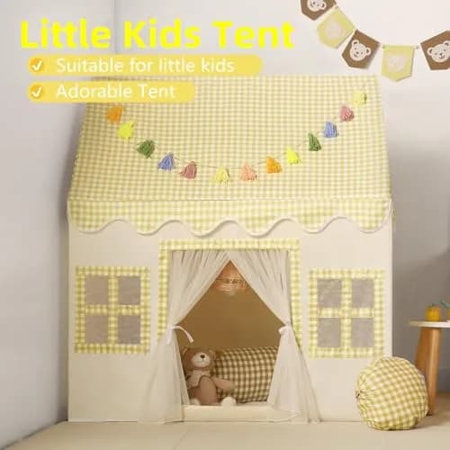 Senodeer Kids Play Tent Indoor: Yellow Checkered Collapsible Playhouse for Girls & Boys | Fun & Safe (70-120 chars) thumbnail 3
