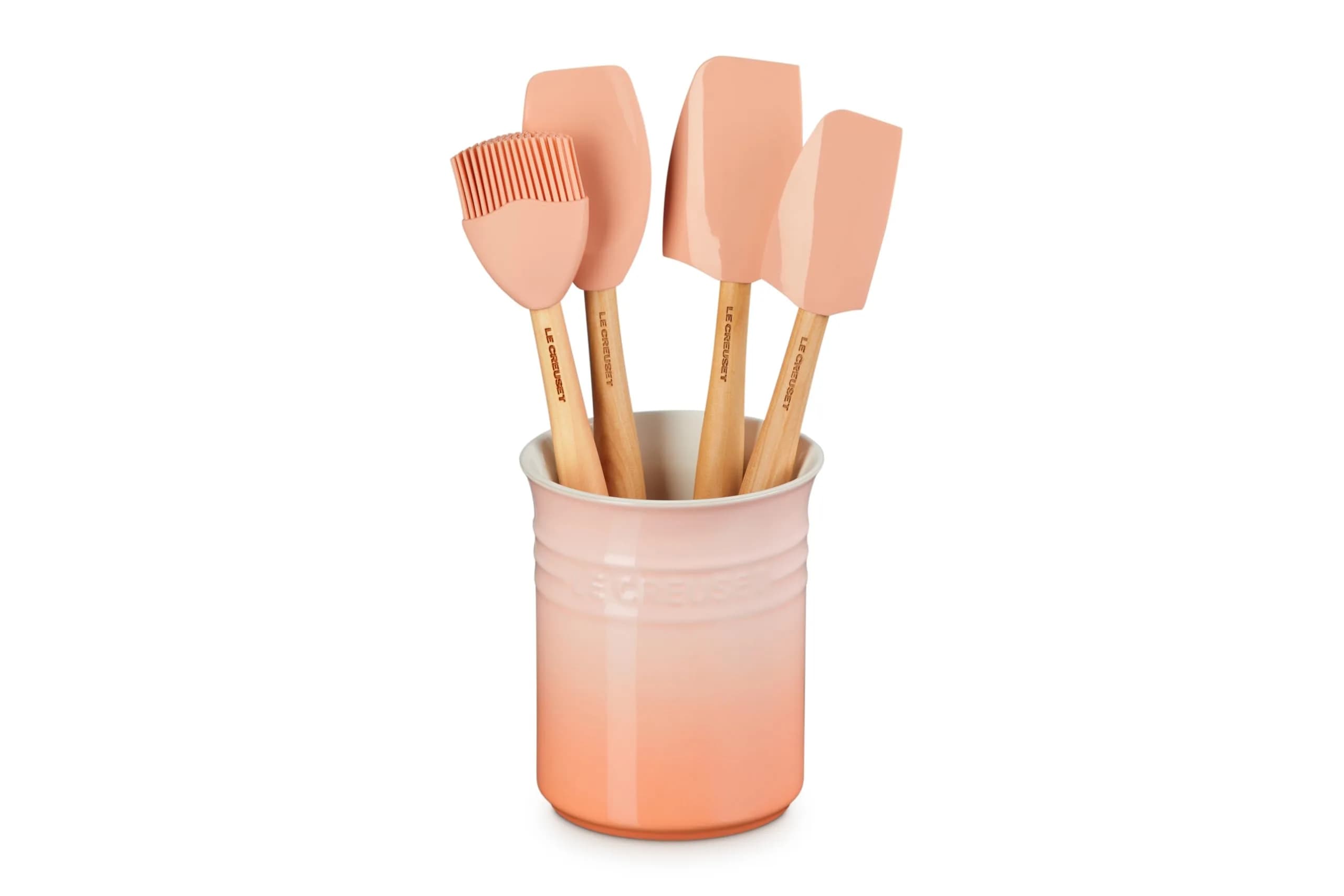 Le Creuset Stoneware & Silicone 5pc. Utensil Crock Set with 3 Silicone Utensils, Peche — Peche