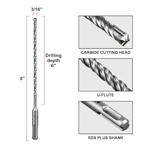 SALI SDS Plus Rotary Hammer Drill Bit Set 10 Pcs 3/16"*8" | 4-Cutter Carbide for Concrete & Brick thumbnail 2