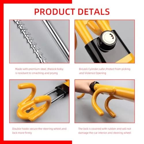 NOEAIKE Yellow Steering Wheel Lock with Double Hooks & Adjustable Bar | 39.2cm (15.4in) Length thumbnail 4
