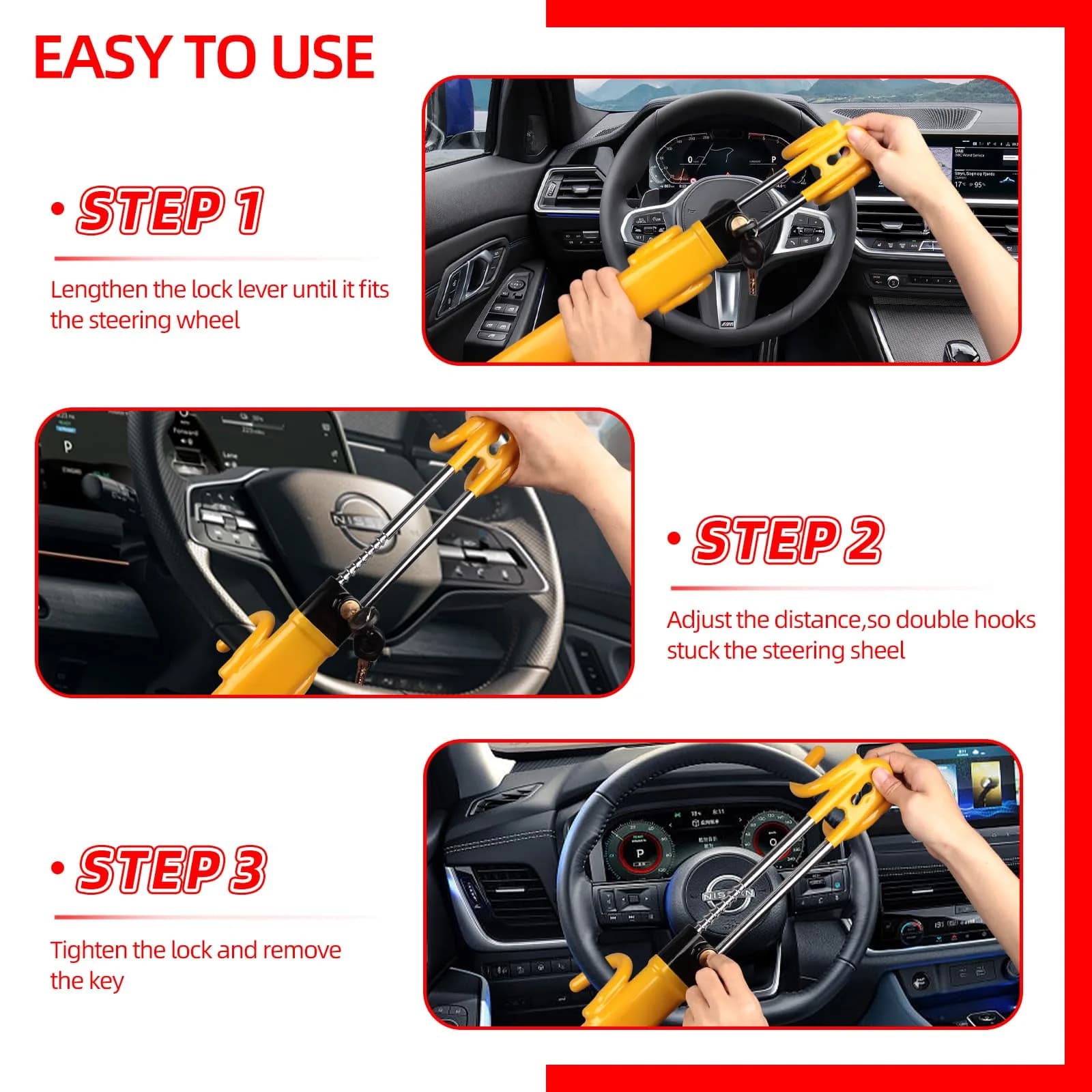 NOEAIKE Yellow Steering Wheel Lock with Double Hooks & Adjustable Bar | 39.2cm (15.4in) Length - view 5