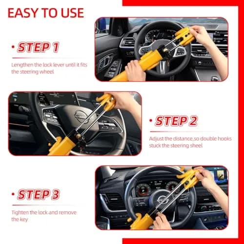 NOEAIKE Yellow Steering Wheel Lock with Double Hooks & Adjustable Bar | 39.2cm (15.4in) Length thumbnail 5