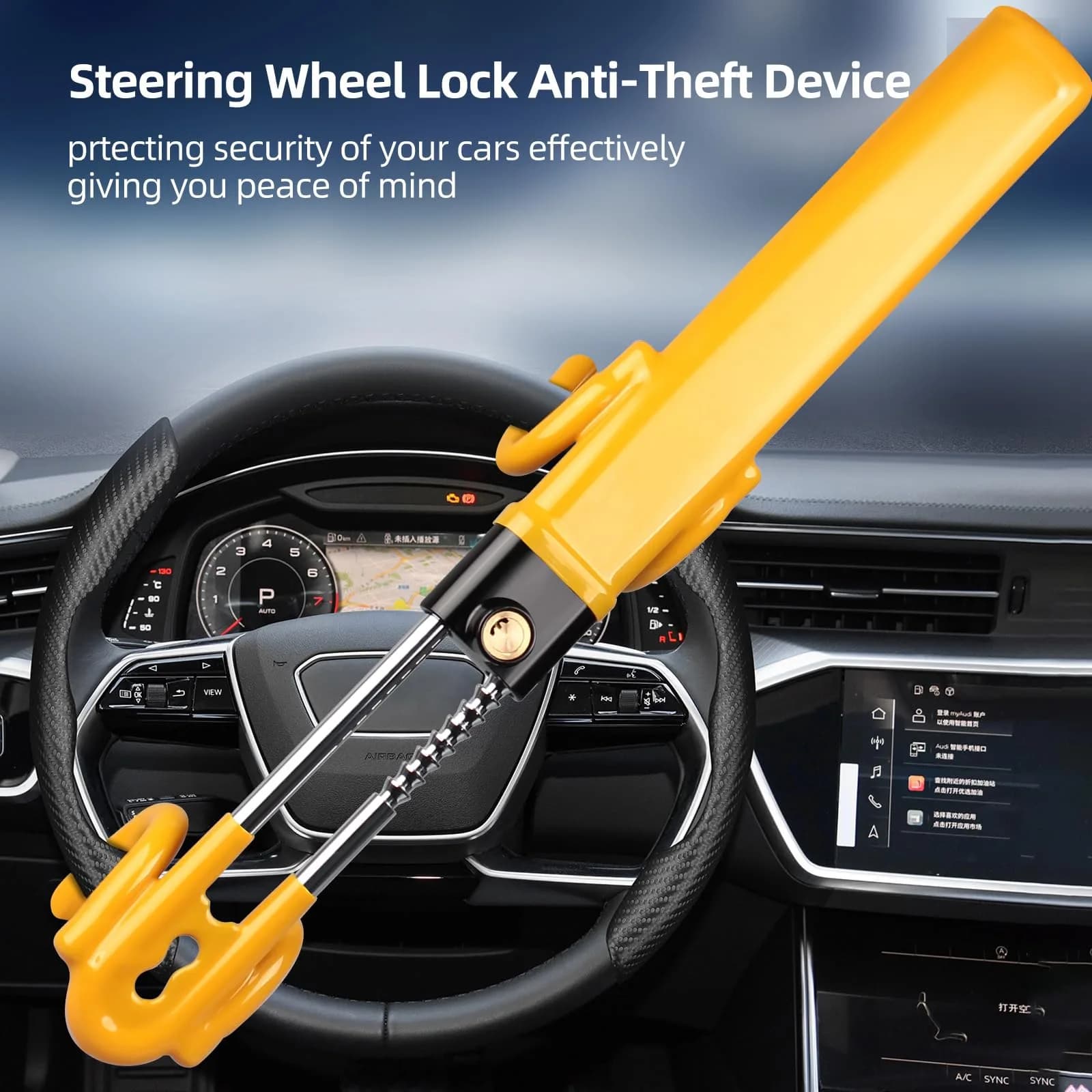 NOEAIKE Yellow Steering Wheel Lock with Double Hooks & Adjustable Bar | 39.2cm (15.4in) Length - view 2