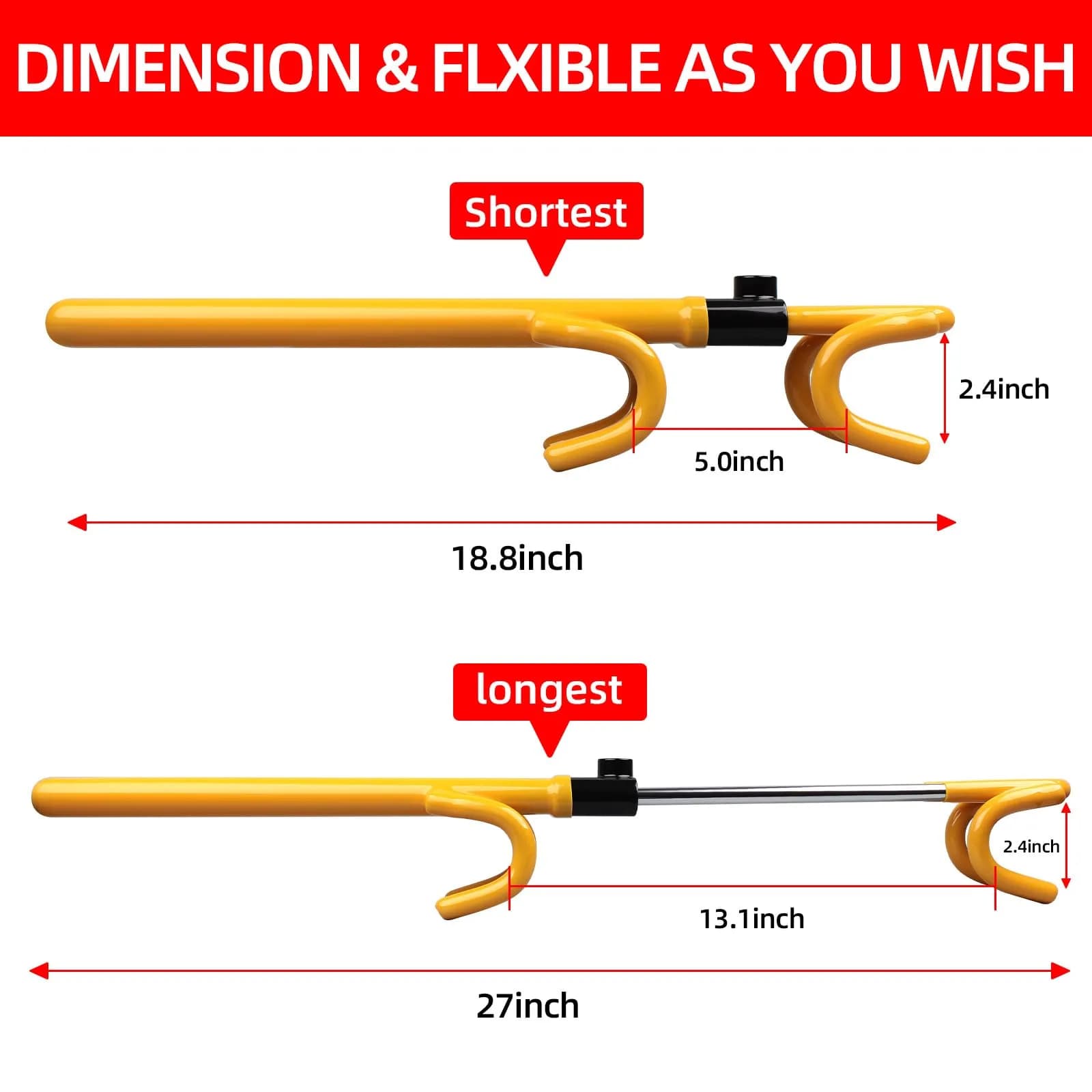 NOEAIKE Yellow Steering Wheel Lock with Double Hooks & Adjustable Bar | 39.2cm (15.4in) Length - view 3