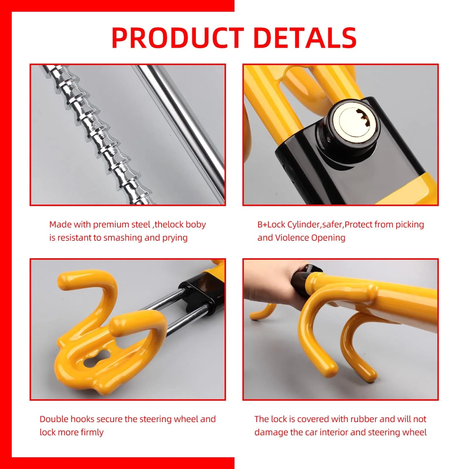 NOEAIKE Yellow Steering Wheel Lock with Double Hooks & Adjustable Bar | 39.2cm (15.4in) Length - view 4