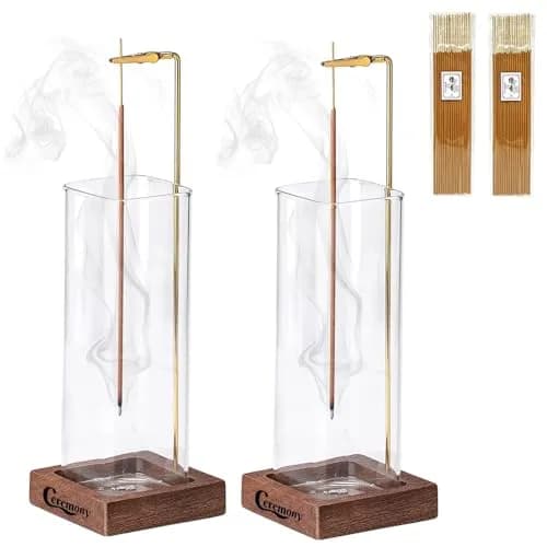 CEREMONY 2 Pack Wood Incense Holder with Glass Ash Catcher & Brass Rod | 17.2 cm (6.8 in) Tall thumbnail 1
