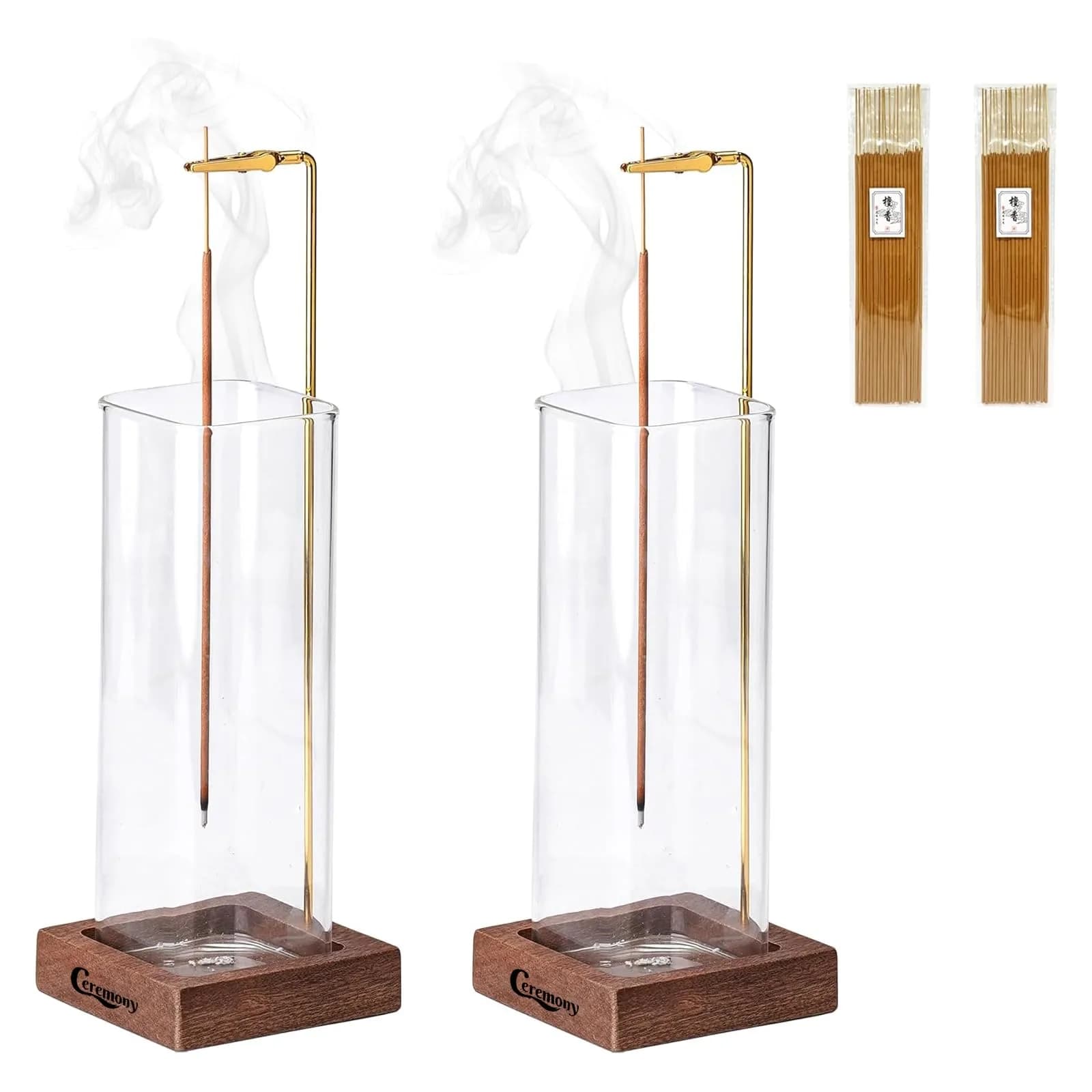 CEREMONY 2 Pack Wood Incense Holder with Glass Ash Catcher & Brass Rod | 17.2 cm (6.8 in) Tall - view 9