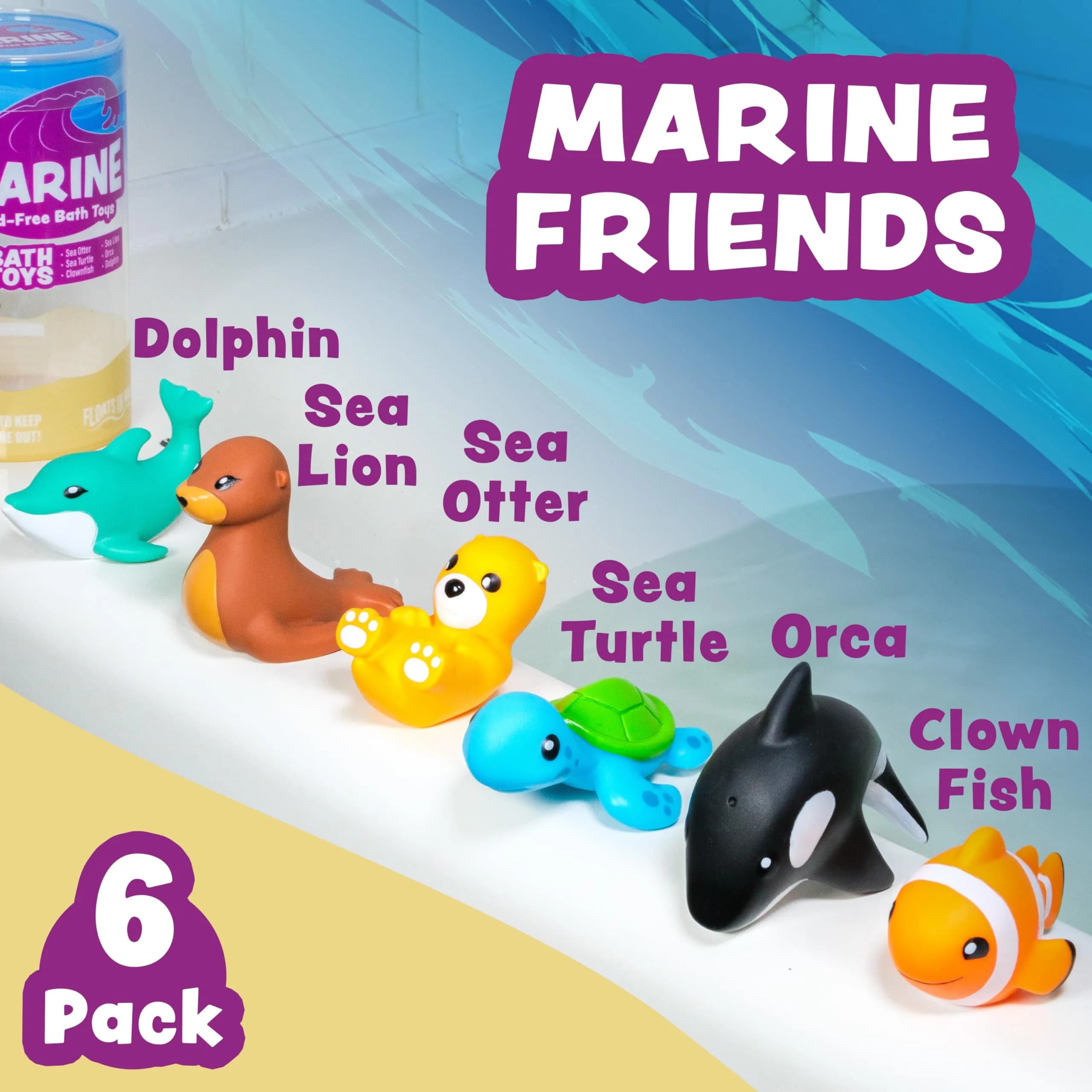 Tub Works Marine Mold Free Bath Toys 6 Pack | Sealed, No Hole Design Keeps Moisture Out | Soft, Squeezable & Float on Water | Easy-Grip Baby & Toddler Bath Toy Set - view 3