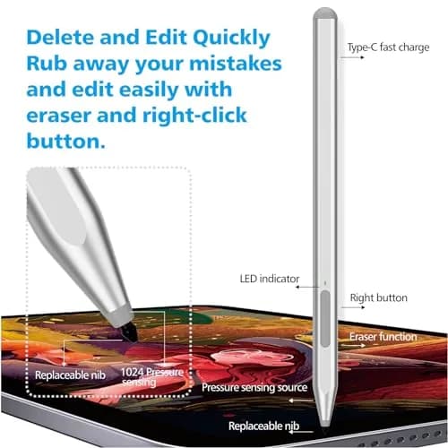 Milikilo Stylus Pen for Microsoft Surface Pro, Go, Laptop, Studio, Book with Eraser, Palm Rejection, Tilt Function, 1024 Pressure | Silver thumbnail 5