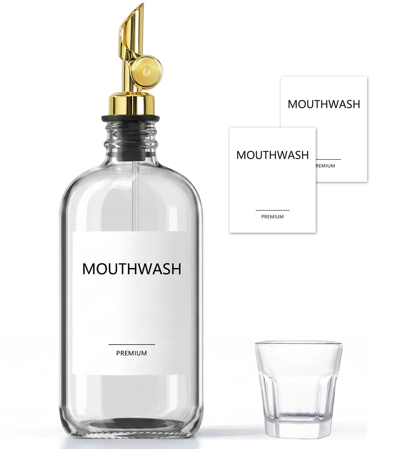 TOLDATLI Mouthwash Dispenser for Bathroom 17 fl oz | Elegant Glass Refillable Decanter with Cup