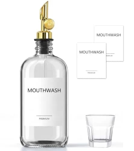 TOLDATLI Mouthwash Dispenser for Bathroom 17 fl oz | Elegant Glass Refillable Decanter with Cup thumbnail 1