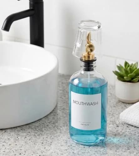 TOLDATLI Mouthwash Dispenser for Bathroom 17 fl oz | Elegant Glass Refillable Decanter with Cup thumbnail 7