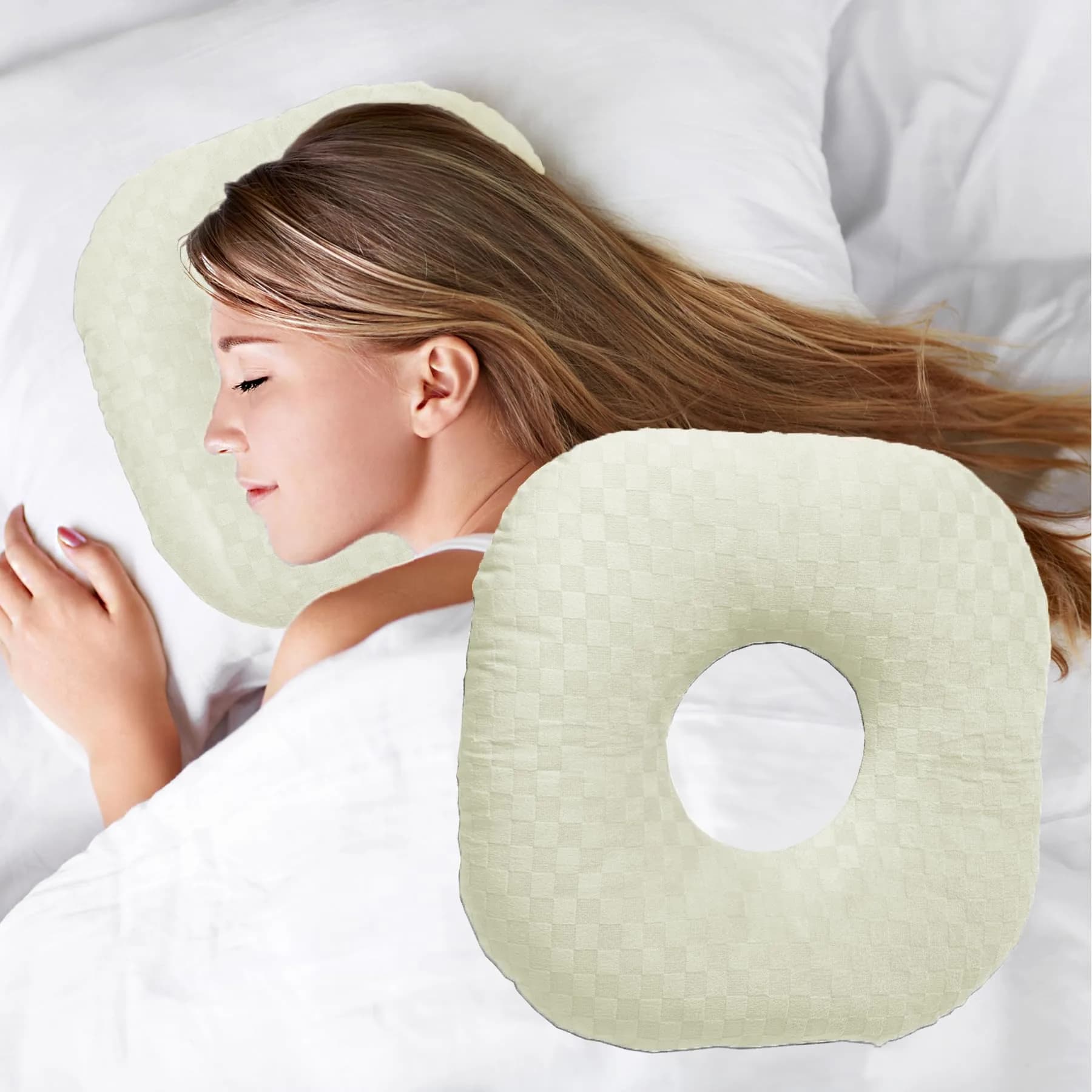 Wuronsa Cream Ear Piercing Pillow with Hole for Cartilage Piercings & CNH Support | Soft Cotton for Side Sleepers - main product image