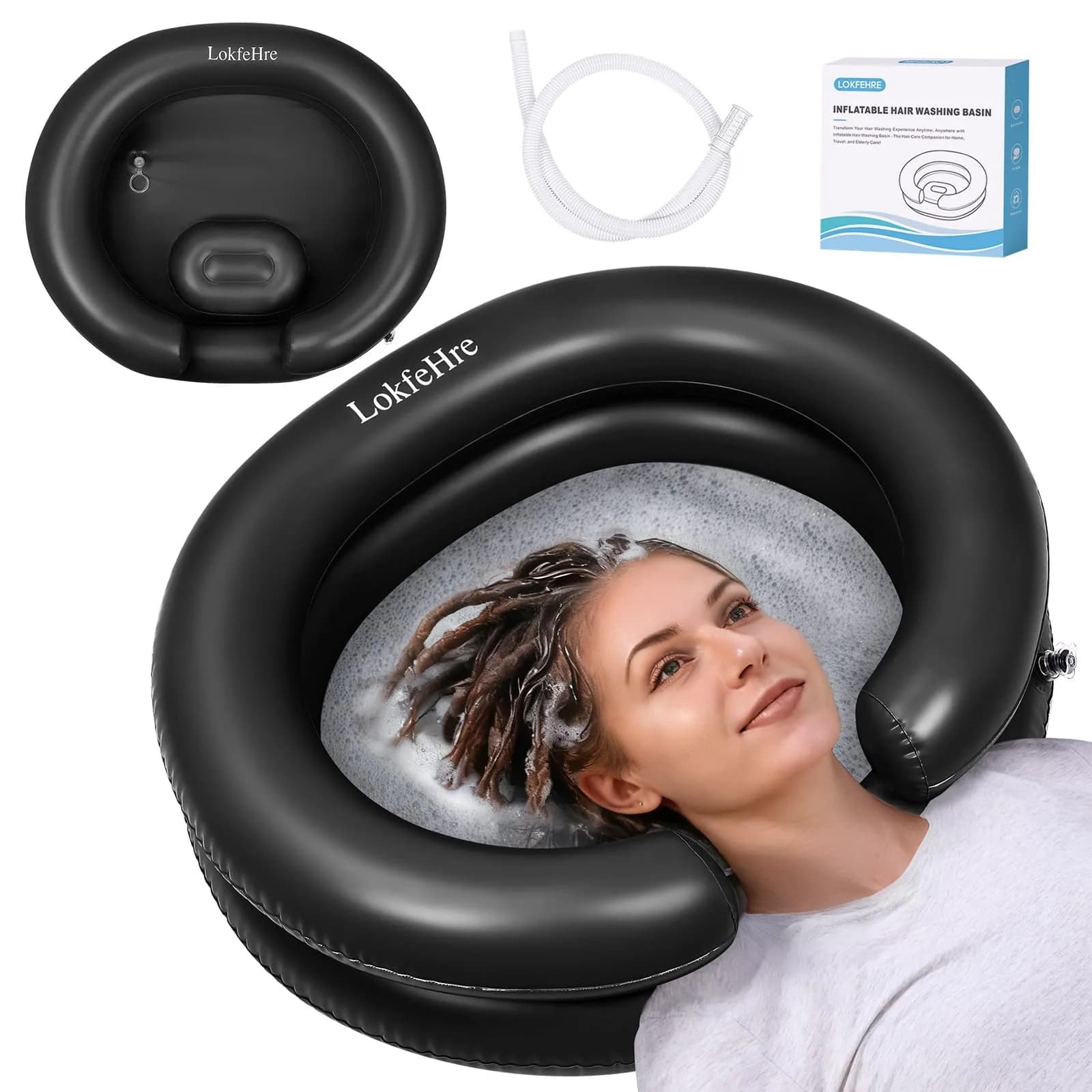 LOKFEHRE Inflatable Shampoo Basin Black | 71cm x 66cm (28" x 26") Ergonomic Neck Support Hair Washing Bowl - main product image