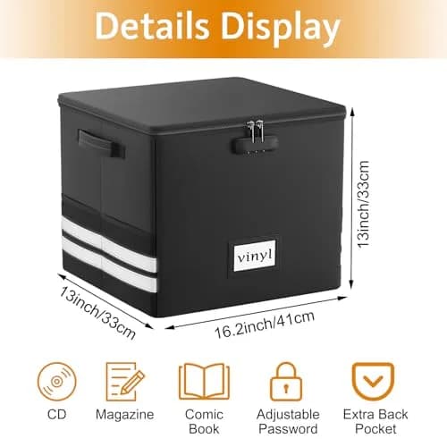 onvvippiv Large Vinyl Record Storage Box Fireproof Waterproof with Lock | 13" x 16.2" x 13" | Holds 150+ Records thumbnail 6