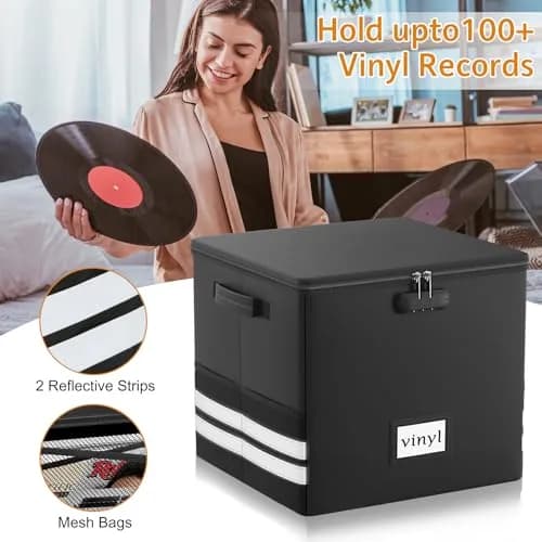 onvvippiv Large Vinyl Record Storage Box Fireproof Waterproof with Lock | 13" x 16.2" x 13" | Holds 150+ Records thumbnail 3