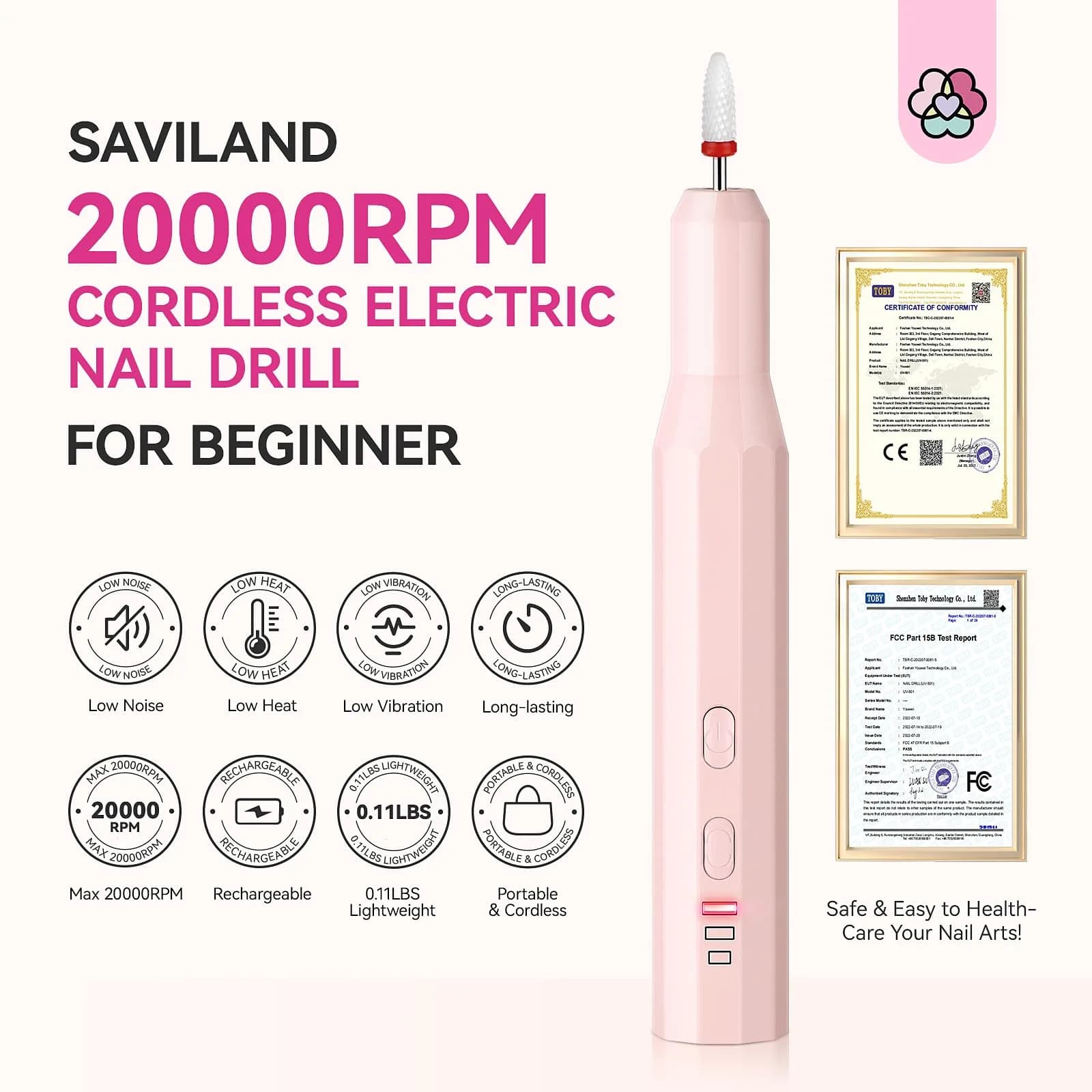 SAVILAND Cordless Nail Drill Kit Pink 20000RPM | Ultra Low Noise & Low Heat - view 3