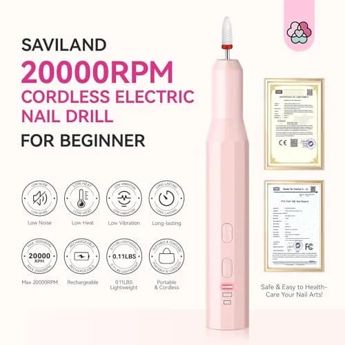 SAVILAND Cordless Nail Drill Kit Pink 20000RPM | Ultra Low Noise & Low Heat thumbnail 3