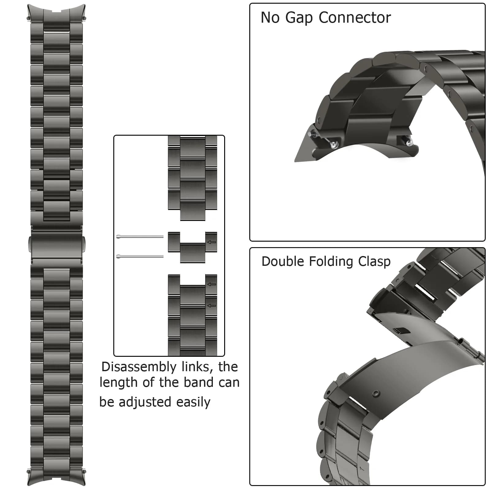 Anlinser No Gap Metal Band Compatible with Samsung Galaxy Watch 7/6/5/4/FE 40mm 44mm Graphite | Stainless Steel Strap - view 3