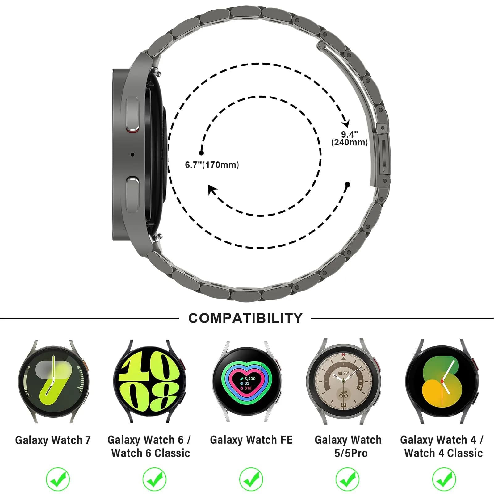 Anlinser Titanium Metal Watch Band for Samsung Galaxy Watch 7/6/5/4/FE 40mm 44mm | Adjustable Stainless Steel Strap - view 5