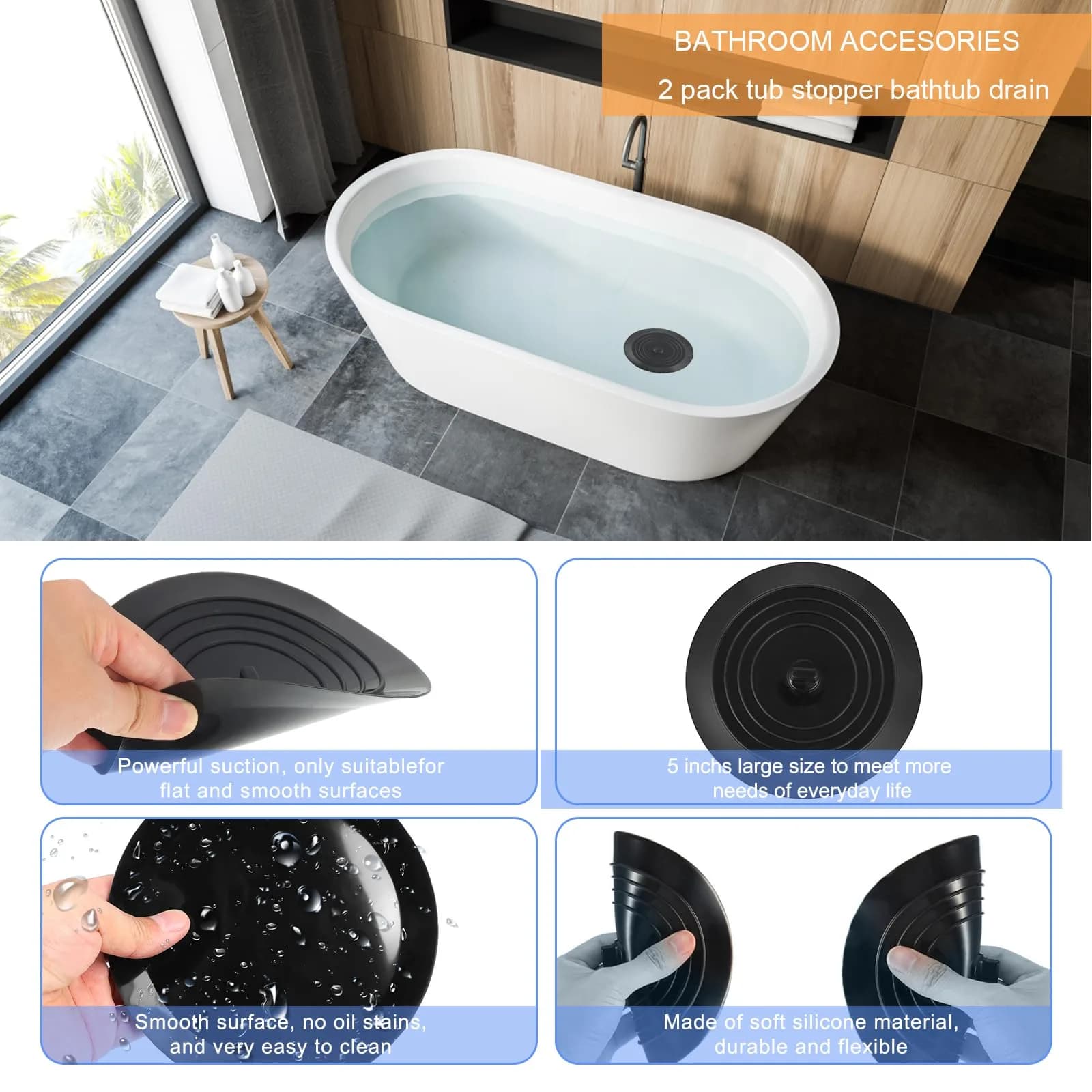 V-TOP 5" Black Silicone Tub Stopper - Universal Fit for Kitchen, Bath, Laundry - view 4