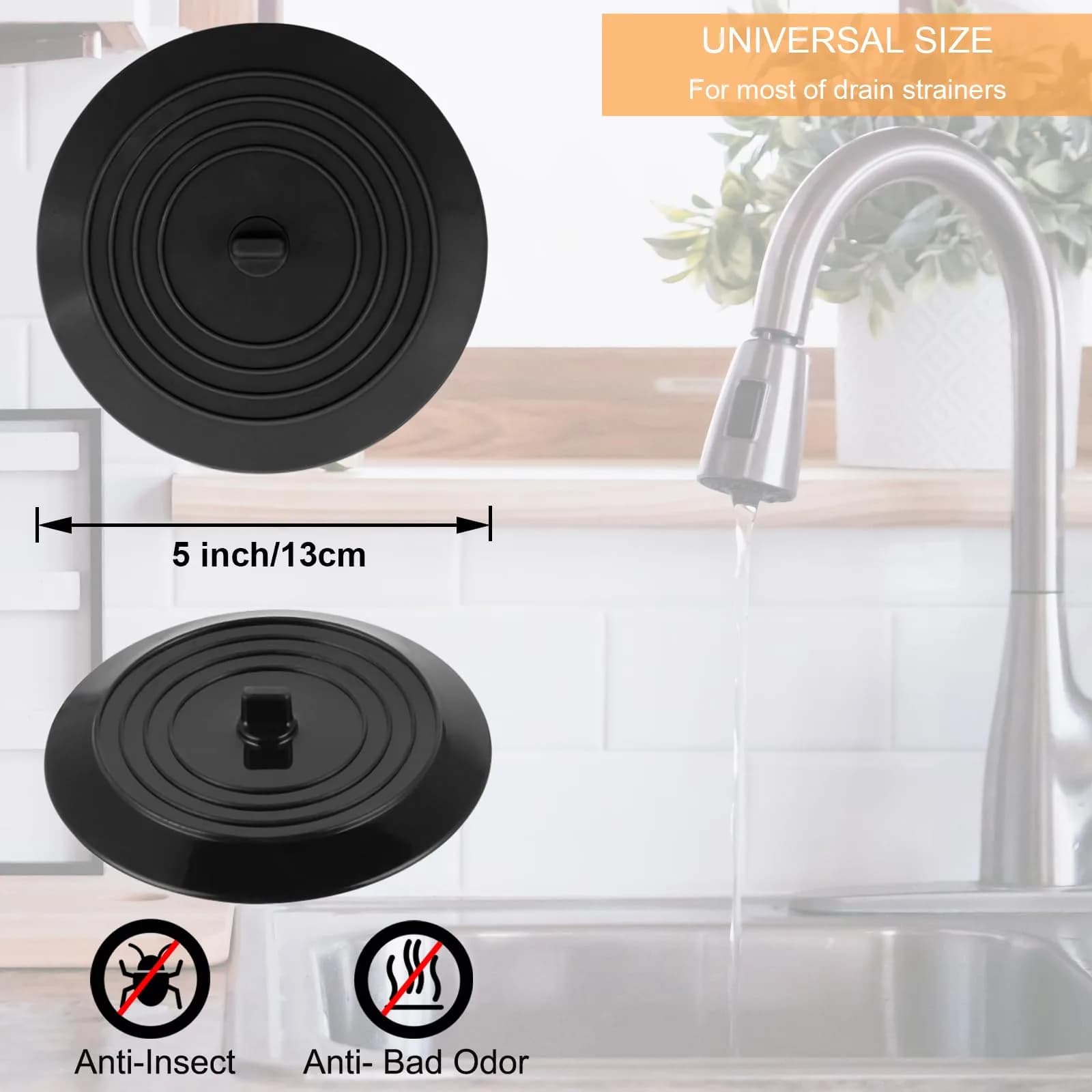 V-TOP 5" Black Silicone Tub Stopper - Universal Fit for Kitchen, Bath, Laundry - view 3