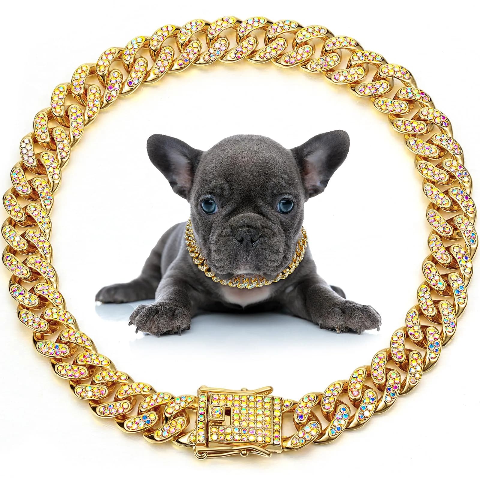 LEIFIDE Cuban Link Dog Collar Chain 12mm 24 Inch Gold AB | Stylish Pet Accessory — Gold, AB Color
