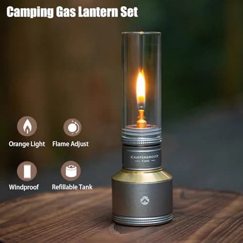 Campingmoon Gas Candle Lantern 15g | Real Flame, Refillable Tank, Wooden Case thumbnail 2