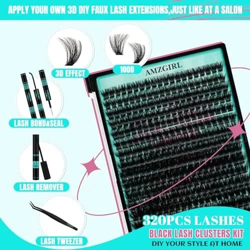 AMZGIRL Fluffy Lash Clusters Kit, D Curl Lash Clusters | 320 Pcs, 10-16mm, Reusable, Easy DIY thumbnail 2